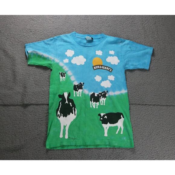 Ben and Jerrys T Shirt Small Cows Logo Liquid Blue Double Sided Vintage USA - Picture 2 of 13